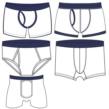 Erkek iç çamaşırları düz vektör simgelerini değiştirir. Modern erkek giyim tarzı koleksiyonu. Ön manzara. İç çamaşırı tasarım elementleri. Klasik boksörler, şortlar, bikiniler, ipler, tangalar.