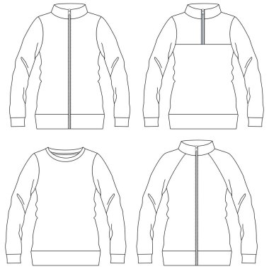 Hem erkek hem de kadınlar için mevsimlik giysiler için siluetler ya da teknik çizgiler, bazılarının ön, çanta ve kaputu açık.