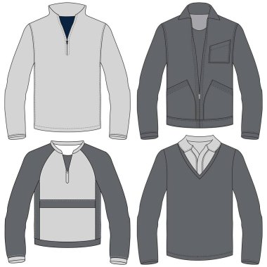 Hem erkek hem de kadınlar için mevsimlik giysiler için siluetler ya da teknik çizgiler, bazılarının ön, çanta ve kaputu açık.