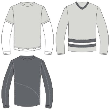 Hem erkek hem de kadınlar için mevsimlik giysiler için siluetler ya da teknik çizgiler, bazılarının ön, çanta ve kaputu açık.