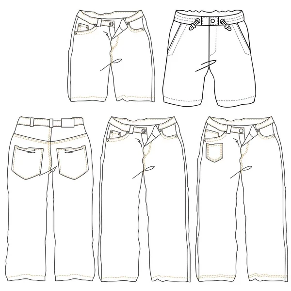 男の子 女の子や女性のための季節のカットやポケット付きのジーンズパンツのシルエットや技術的なライン — ストックベクタ