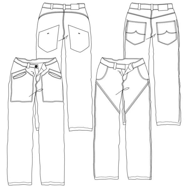 Silhuetas Linhas Técnicas Calças Jeans Com Cortes Sazonais Bolsos Para —  Vetores de Stock