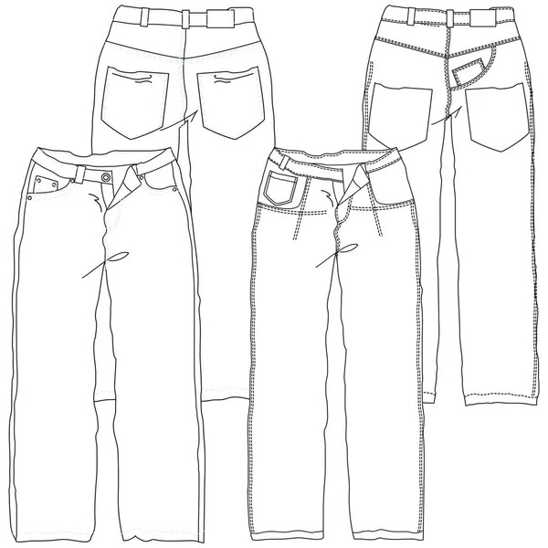 Silhouettes Technical Lines Jean Pants Seasonal Cuts Pockets Men Boys — Stock Vector