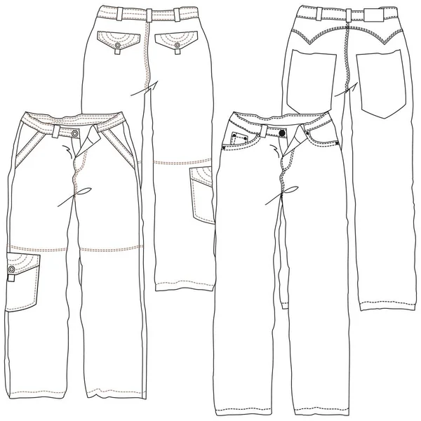 Silhuetas Linhas Técnicas Calças Jeans Com Cortes Sazonais Bolsos Para —  Vetores de Stock