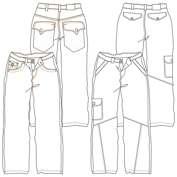 Silhouette Linee Tecniche Pantaloni Jeans Con Tagli Stagionali Tasche Uomo — Vettoriale Stock