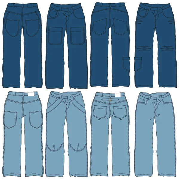 stock vector Silhouettes or technical lines of jean pants with seasonal cuts and pockets for men, boys, girls or women.