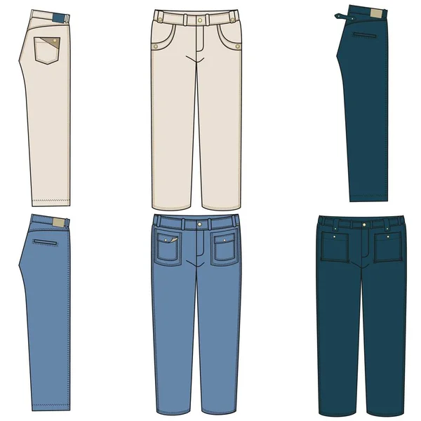 Silhuetas Linhas Técnicas Calças Jeans Com Cortes Sazonais Bolsos Para — Vetor de Stock