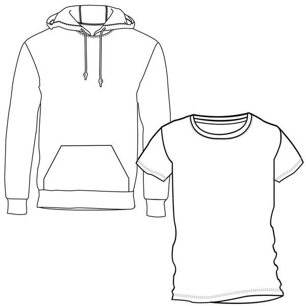 シルエットや季節の衣類のための男性と女性の両方のためのスウェットシャツの技術的なライン いくつかの前面に開口部を持つ バッグやフード — ストックベクタ