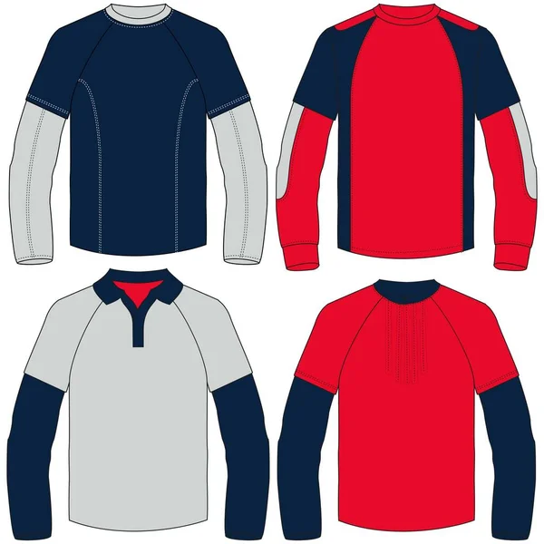 男式和女式运动衫的轮廓或技术线条 用于季节性服装 有的在前面有开口 有的有袋和帽 — 图库矢量图片