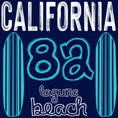 Kaliforniya sörf tahtası ve metin numarası 82 laguna plaj bahar moda tasarımı.