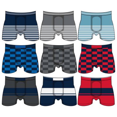 Erkek iç çamaşırları düz vektör simgelerini değiştirir. Erkekler için modern giyim tarzı koleksiyonu. Ön manzara. İç çamaşırı tasarım elementleri. Klasik boksörler, şortlar, bikiniler, ipler, tangalar.