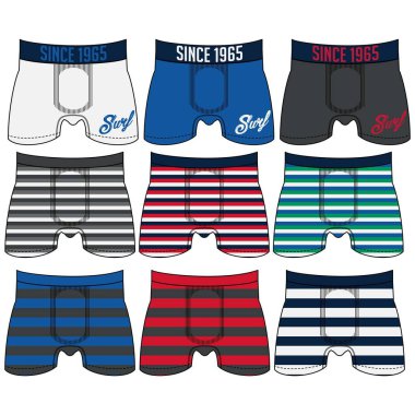 Erkek iç çamaşırları düz vektör simgelerini değiştirir. Erkekler için modern giyim tarzı koleksiyonu. Ön manzara. İç çamaşırı tasarım elementleri. Klasik boksörler, şortlar, bikiniler, ipler, tangalar.