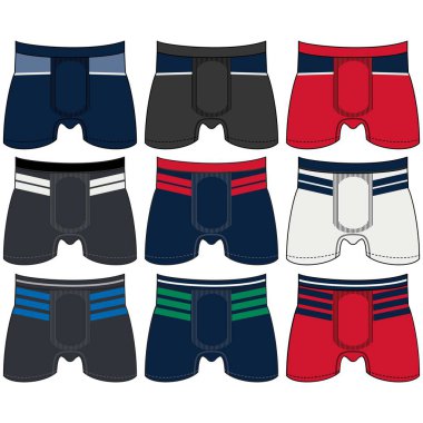 Erkek iç çamaşırları düz vektör simgelerini değiştirir. Erkekler için modern giyim tarzı koleksiyonu. Ön manzara. İç çamaşırı tasarım elementleri. Klasik boksörler, şortlar, bikiniler, ipler, tangalar.