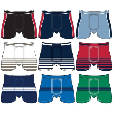 Erkek iç çamaşırları düz vektör simgelerini değiştirir. Erkekler için modern giyim tarzı koleksiyonu. Ön manzara. İç çamaşırı tasarım elementleri. Klasik boksörler, şortlar, bikiniler, ipler, tangalar.