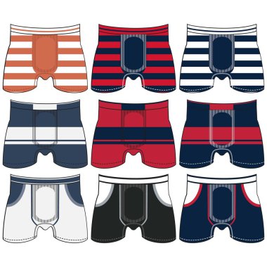 Erkek iç çamaşırları düz vektör simgelerini değiştirir. Erkekler için modern giyim tarzı koleksiyonu. Ön manzara. İç çamaşırı tasarım elementleri. Klasik boksörler, şortlar, bikiniler, ipler, tangalar.