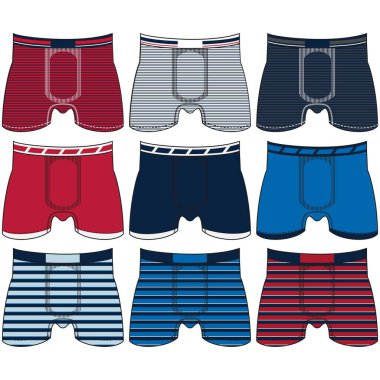 Erkek iç çamaşırları düz vektör simgelerini değiştirir. Erkekler için modern giyim tarzı koleksiyonu. Ön manzara. İç çamaşırı tasarım elementleri. Klasik boksörler, şortlar, bikiniler, ipler, tangalar.