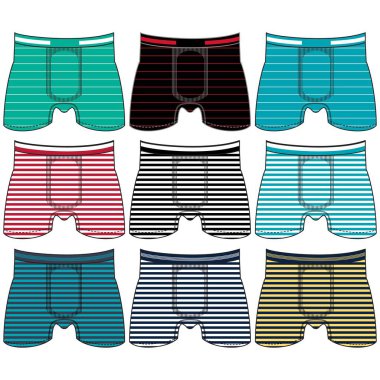 Erkek iç çamaşırları düz vektör simgelerini değiştirir. Erkekler için modern giyim tarzı koleksiyonu. Ön manzara. İç çamaşırı tasarım elementleri. Klasik boksörler, şortlar, bikiniler, ipler, tangalar.