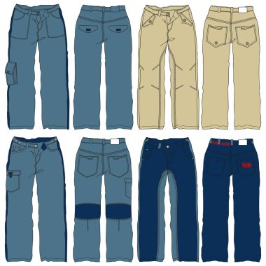 Erkekler için ön ve arka vektör kot pantolon düz çizgi film tasviri, beş cep kot pantolon vektör şablonu