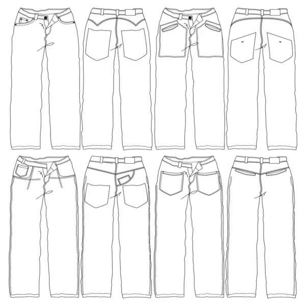 男式前后向量牛仔裤平面卡通时尚图解 5个口袋牛仔裤矢量模板 — 图库矢量图片