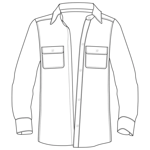 男子长袖衬衫平面草图矢量插图短袖衬衫与技术轮廓与彩色 矢量图形