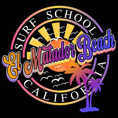Kaliforniya Sörf Okulu El Matador Plajı Palmiyeli ve güneşli Sörf tasarımı.
