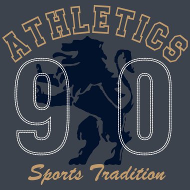 İllüstrasyon Koleji Aslanı Heraldry Patchwork. Metin Atletizm 90 'a işlemeli spor geleneği. 1965' ten beri Shield Nakışlı Moda Stili..