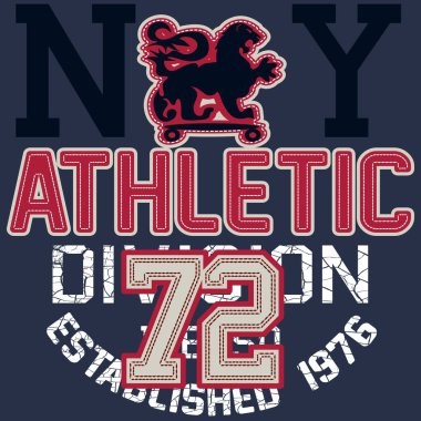 Illustration College Lion Heraldry kaykay metni ile 1972 'den beri atletizm bölümündedir. New York Moda Biçimi.