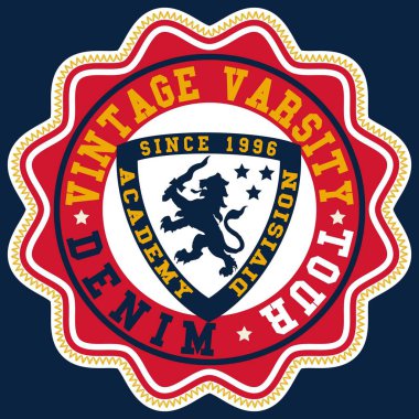 Kollar paltosu. Kraliyet amblemi kraliyet kalkanı, taç ve defne çelengi. Heraldik vektör şablonu. Renkli yama tipi ögesi ve bir aslanın merkezi resmiyle nakış simülasyonu