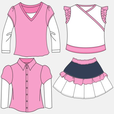 Vektör moda ürünü üst CAD, kadın yuvarlak boyunlu, kısa kollu tişört teknik çizimi, ince uyumu olan 4 parça hasat bluzu şablonu, taslak, taslak. Jersey kumaş kaplama, önü, dikiz aynası, beyaz.