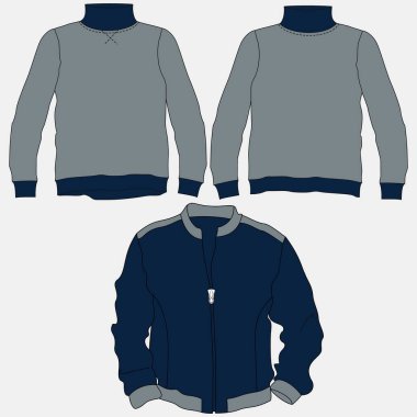 Yuvarlak başlı uzun kollu yumuşak gömlekler genel olarak düz moda erkekler için teknik çizim vektör modeli. Kıyafet tasarımı CAD illüstrasyonunu taklit ediyor. Süveter moda tasarımı beyazda izole.