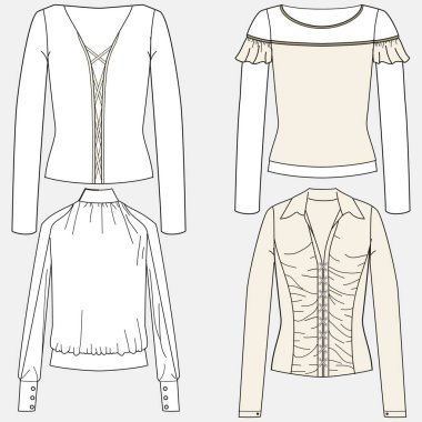 Vektör ürünleri üst sınıf moda CAD, kadın kısa kollu tişört teknik tişört, açık bluz şablonu, çizim, düz yatış. Jersey kumaş kaplama, önü, dikiz aynası, beyaz.