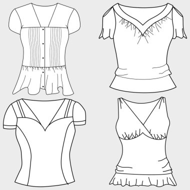 Vektör ürünleri üst sınıf moda CAD, kadın kısa kollu tişört teknik tişört, açık bluz şablonu, çizim, düz yatış. Jersey kumaş kaplama, önü, dikiz aynası, beyaz.