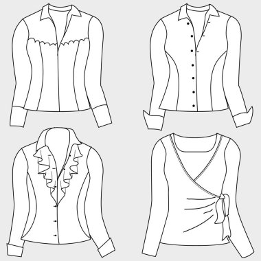 Vektör ürünleri üst sınıf moda CAD, kadın kısa kollu tişört teknik tişört, açık bluz şablonu, çizim, düz yatış. Jersey kumaş kaplama, önü, dikiz aynası, beyaz.