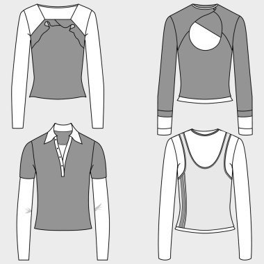 Vektör ürünleri üst sınıf moda CAD, kadın kısa kollu tişört teknik tişört, açık bluz şablonu, çizim, düz yatış. Jersey kumaş kaplama, önü, dikiz aynası, beyaz.