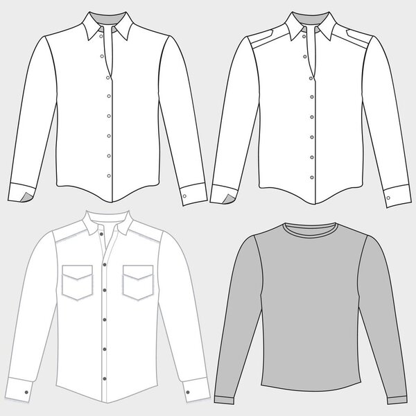 обычная белая рубашка с плоским наброском векторной иллюстрации означает технический шаблон чертеж рубашки с длинным рукавом офиса и платья.