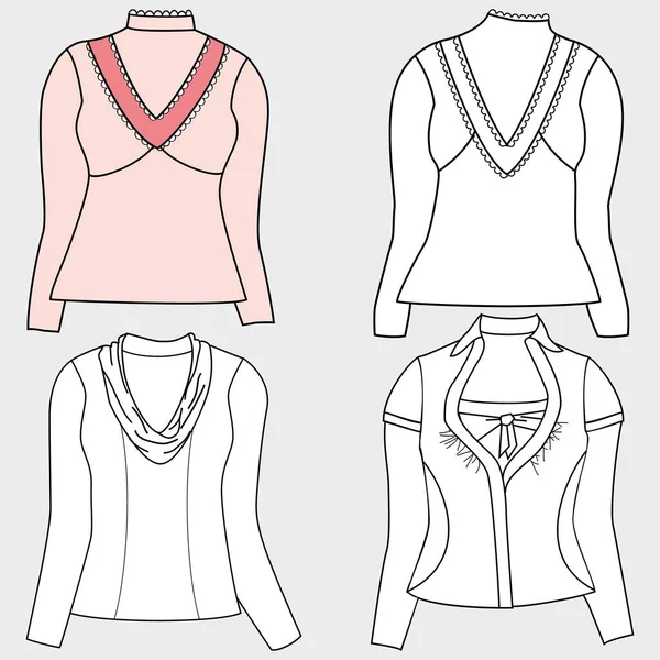 Vektör ürünleri üst sınıf moda CAD, kadın kısa kollu tişört teknik tişört, açık bluz şablonu, çizim, düz yatış. Jersey kumaş kaplama, önü, dikiz aynası, beyaz.