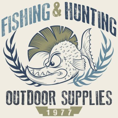 Keskin dişleri, defne yaprakları ve sörf tahtası olan piranha tasarımı, balık tutmak ve avlanmak gibi seyahat metinleri, tatil için mevsimlik renklerde, Amerika 'nın plajları.