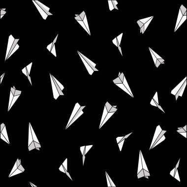 Origami kağıt uçaklar uçuyor. Renkli, şirin, kusursuz vektör deseni. Kırmızı arka planda küçük beyaz uçaklar. Yazlık gömlekler ve elbiseler için ideal, çocuklar giyer, çantalar, bandanalar, tekstil, kağıt, kırtasiye.