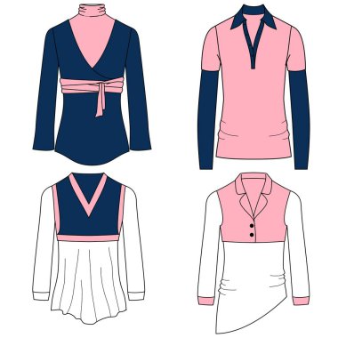 Vektör ürünleri üst sınıf moda CAD, kadın kısa kollu tişört teknik tişört, açık bluz şablonu, çizim, düz yatış. Jersey kumaş kaplamalı, dikiz aynalı, beyaz.