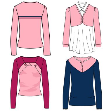 Vektör ürünleri üst sınıf moda CAD, kadın kısa kollu tişört teknik tişört, açık bluz şablonu, çizim, düz yatış. Jersey kumaş kaplamalı, dikiz aynalı, beyaz.