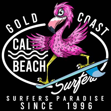 Dalgalara karşı meydan okuyan bir sörf tahtası üzerinde flamingo tasarımı, harika manzaralı ve paradisli tatil tarzı tasarımı, Amerikan tatil plajları ve yaşam tarzı ile ilgili metinler..