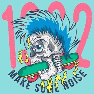 Punk tarzı saçı olan bir kafatası tasviri ve bir kaykayı ısırması, plajların arka planında ve bu sporların uygulandığı yerlerde metinler, numaralar ve yamalar. Gençlik yaşam tarzı.