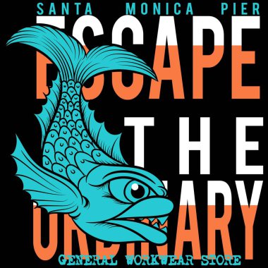 Dövme stili büyük dişleri olan bir koi balığının tasviri, yaz ve bahar tatilleri için yazılar ve plaj isimleri içeren tatil yaşam tarzını canlandırmak için neon renkli tasarım. Sörf ve büyük dalgalar