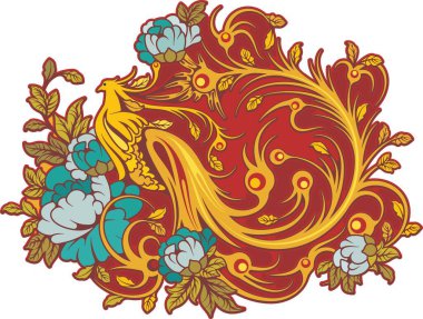 Altın tavus kuşu desenli, çiçekli, yapraklı ve kıvrımlı bir Çin süslemesi. Enfes dekoratif lüks tasarım, tipik Asya kültür geleneği..