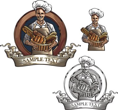Fırıncılar Vektör Resimleri Woodcut Style 'da. Bir sepet dolusu ekmeği elinde tutan fırıncılar. Logolar, amblemler, işaretler için harika. Metnin için yer.
