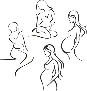 Vektör Güzel Hamile Kadınlar Enfes Serisi, Çizgi Sanatı. Genç müstakbel annelerin çizimleri. Annelik, annelik, sağlık, doğum ve mutluluk konseptine sahip vinil hazır kadın güzellik çizimleri.