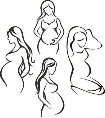 Vektör Güzel Hamile Kadınlar Enfes Serisi, Çizgi Sanatı. Genç müstakbel annelerin çizimleri. Annelik, annelik, sağlık, doğum ve mutluluk konseptine sahip vinil hazır kadın güzellik çizimleri.