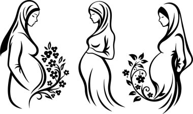 Güzel, hamile, tesettürlü Müslüman kadınlar. Süslü ve çiçekli Arap kadın siluetleri sanat tarzında. Annelik, İslami gelenek, tevazu ve sağlık kavramı.