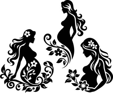 Güzel hamile kadınların süslemeleri ve çiçekli tasarımları. Çiçek ve süslemeleri olan zarif, uzun saçlı bayanların yaratıcı çizimleri. Güzellik, annelik, sağlık ve dekorasyon konsepti.