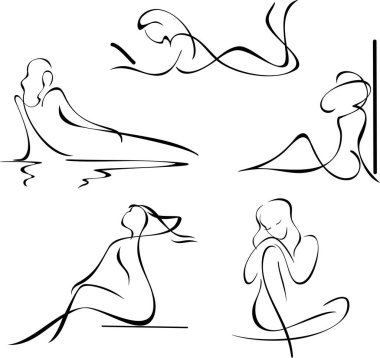 Kadın siluetlerinin çizgi çizimi sanatsal çizimleri. Güzel, rahatlatıcı kadın çizimleri, vinil ve lazer hazır. Güzellik, kaplıca ve turizm logoları, kartlar, tabelalar, afişler ve posterler için harika.